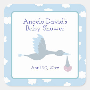 Babydusche für Boy Stork mit blauem Himmel und Wol Quadratischer Aufkleber