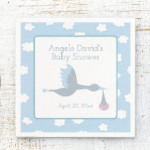 Babydusche für Boy Stork mit blauem Himmel und Wol