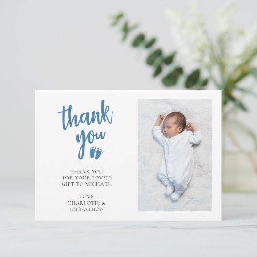 Babydusche für Jungen und Foto Dankeskarte (Stehend Vorderseite)