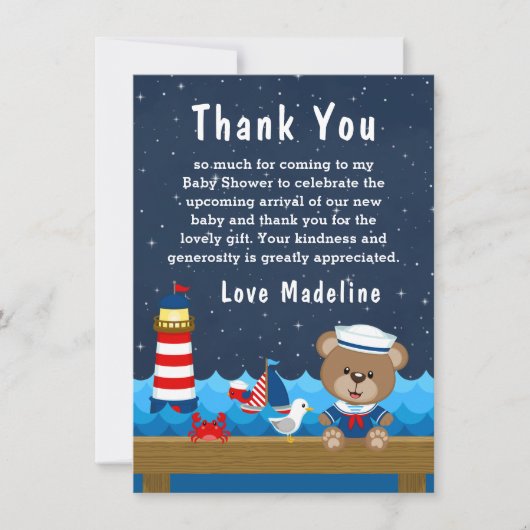 Babydusche für Nautic Boy Bear Red und Navy Dankeskarte (Vorderseite)
