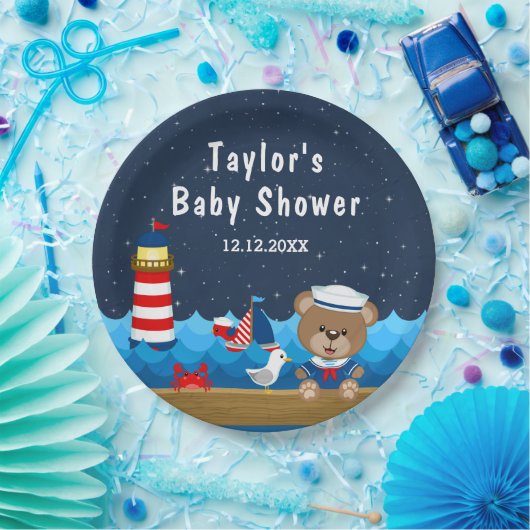 Babydusche für Nautic Boy Bear Red und Navy Pappteller (Party)