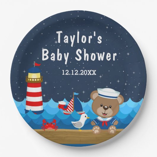 Babydusche für Nautic Boy Bear Red und Navy Pappteller (Vorderseite)