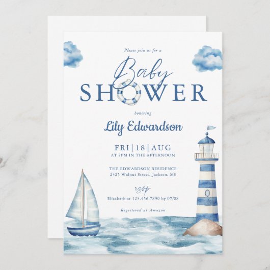 Babydusche für niedliche Nautic Ocean Monogram Einladung (Vorne/Hinten)