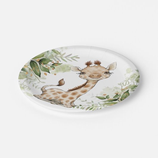 Babydusche Geburtstag Niedliche Giraffe Grüne Pappteller (Schrägansicht)