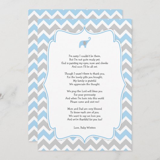 Babydusche Gedicht Dankeschön Notizen, blauer Elef Dankeskarte (Vorne/Hinten)