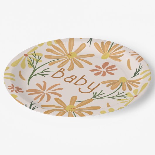 Babydusche Gelb und Orange Daisies Pappteller (Schrägansicht)