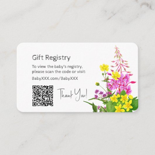 Babydusche Geschenk Registrierung Wildblume QR Cod Begleitkarte (Vorderseite)