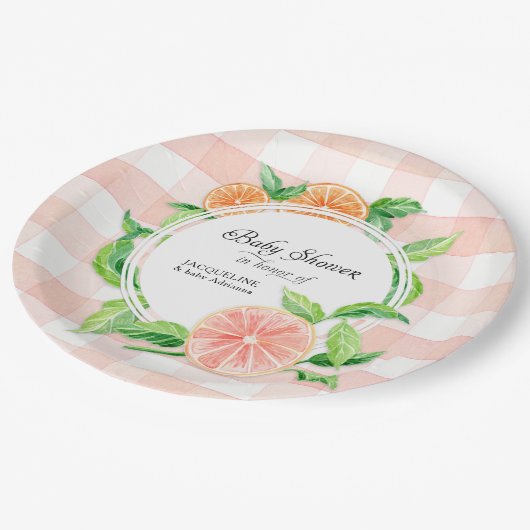 Babydusche Gingham Farm Pink Stripe Citrus Orange Pappteller (Schrägansicht)