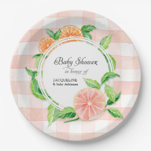 Babydusche Gingham Farm Pink Stripe Citrus Orange Pappteller