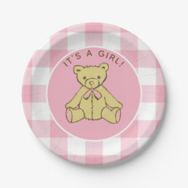 Babydusche Girl Bear mit Pink Buffalo Karo Pappteller