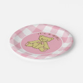 Babydusche Girl Bear mit Pink Buffalo Karo Pappteller (Schrägansicht)