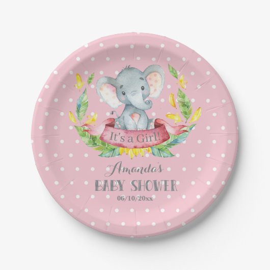 Babydusche "Girl Elephant" Pink und Grau Pappteller (Vorderseite)