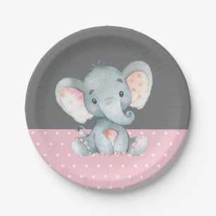 Babydusche "Girl Elephant" Pink und Grau Pappteller