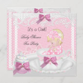 Babydusche Girl Pink Baby Teacup Cupcake Blonde Einladung (Vorne/Hinten)