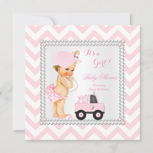 Babydusche Girl Pink Cap Truck Bear Blonde Einladung (Vorderseite)
