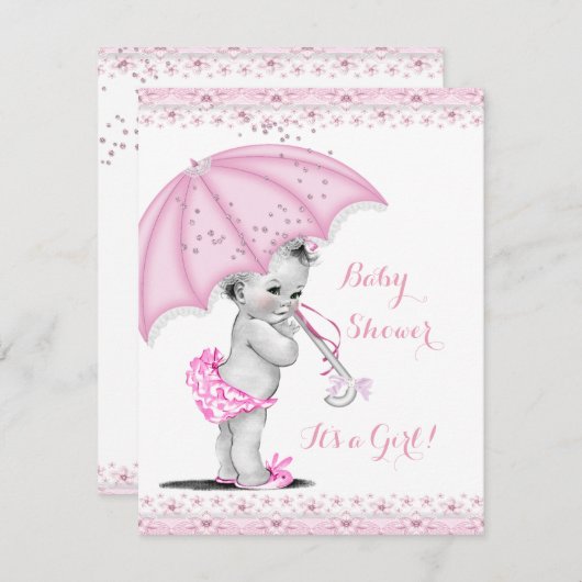 Babydusche Girl Pink Sprinkle Schirm Einladung (Vorne/Hinten)