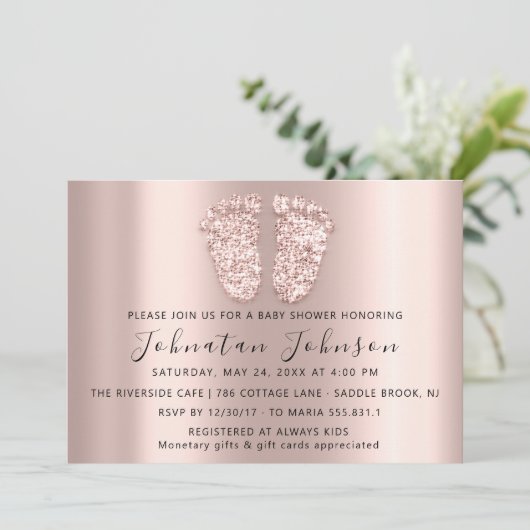 Babydusche Glitzer Rose Blush Feet Gray Boy Girl Einladung (Stehend Vorderseite)