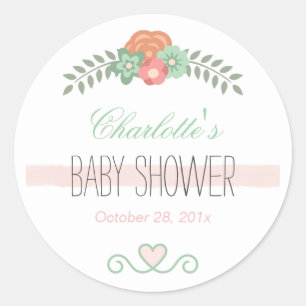 Babydusche Graceful Chic Rose Rosa Aquamarine Blüt Runder Aufkleber
