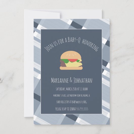 Babydusche GRILLEN Backyard Kariert Blue Einladung (Vorderseite)