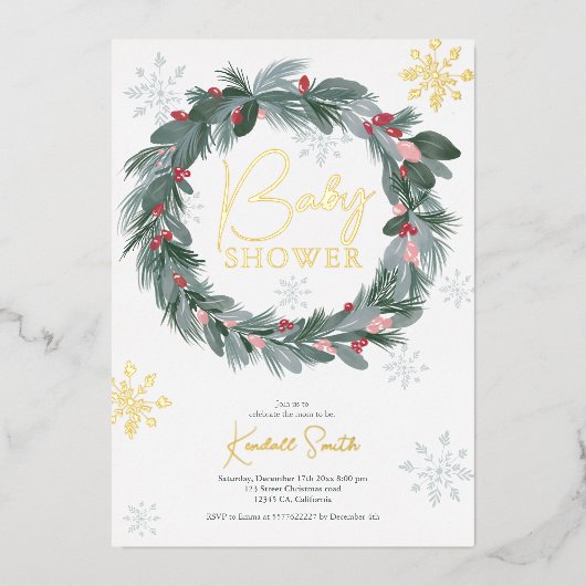Babydusche grün blau rot blumenrot Weihnachtskranz Folieneinladung (Vorderseite)
