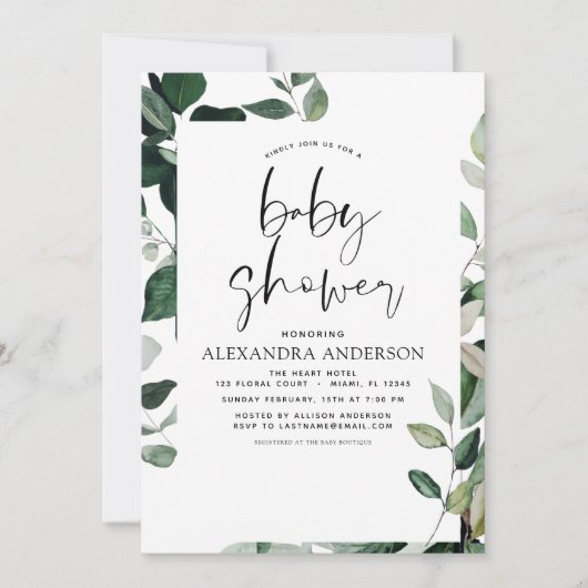 Babydusche Grüne Botanische Moderne Einladung (Vorderseite)