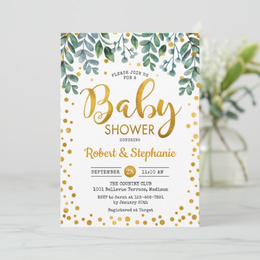 Babydusche - Grünes botanisches Gold Einladung (Stehend Vorderseite)