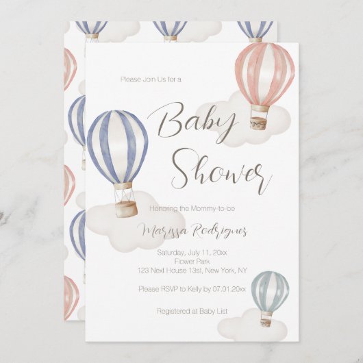 Babydusche Heißluftballons Geschlecht neutral Einladung (Vorne/Hinten)