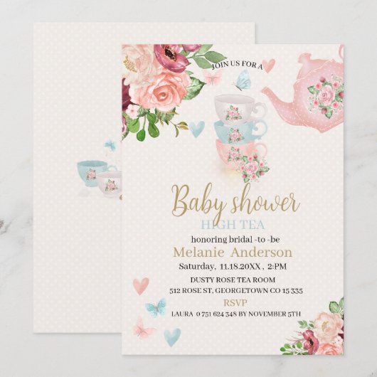 Babydusche High Tee Einladung (Vorne/Hinten)