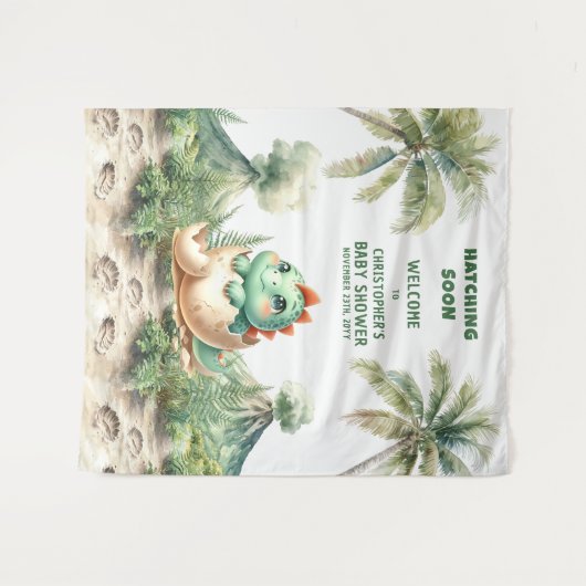 Babydusche Hintergrund Blue Dino Hatching Bald Wandteppich (Vorderseite (Horizontal))