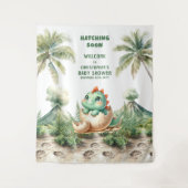 Babydusche Hintergrund Blue Dino Hatching Bald Wandteppich (Vorderseite)