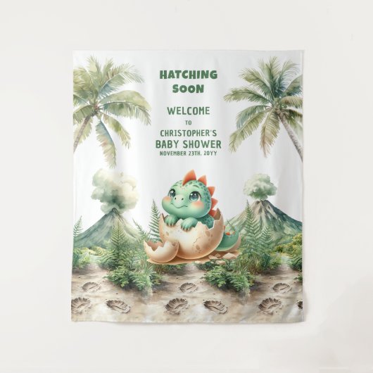 Babydusche Hintergrund Blue Dino Hatching Bald Wandteppich (Vorderseite)