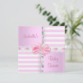 Babydusche Hübsch Satin Pink Weißer Streifen Bow Einladung (Stehend Vorderseite)