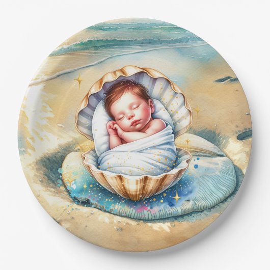 Babydusche in Braun und Blau Pappteller (Vorderseite)