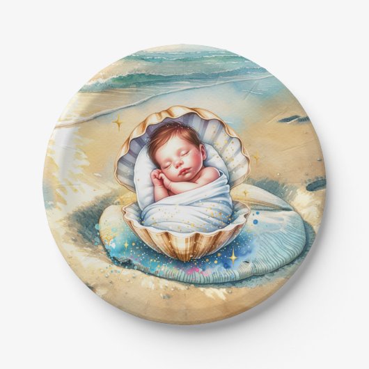 Babydusche in Braun und Blau Pappteller (Vorderseite)