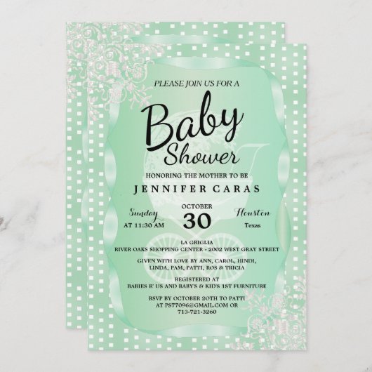 Babydusche in einem eleganten Minzgrün und Weiß Einladung (Vorne/Hinten)