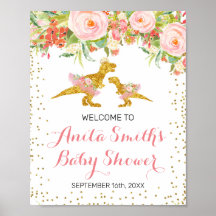 Babydusche in Rosa und Gold Dino - Begrüßungszeich