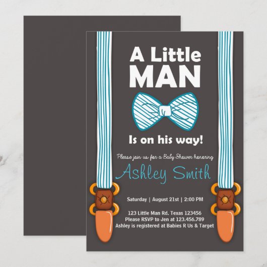 Babydusche Kleiner Mann Einladung Bow Krawatte Bla (Vorne/Hinten)