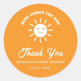 Babydusche kommt hier die sonnige Orange White Runder Aufkleber