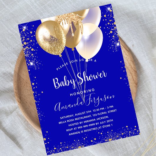 Babydusche königsblaue Goldballons Glitzern Einladungspostkarte