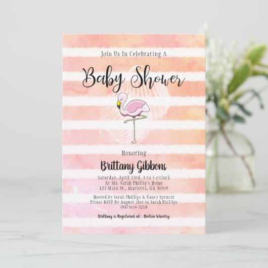 Babydusche Korallenpfirsiche Flamingo Einladung (Stehend Vorderseite)