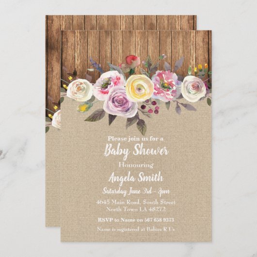Babydusche lädt Burlap Wood Floral Rustikales Part Einladung (Vorne/Hinten)