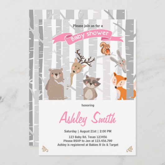 Babydusche lädt Waldtiere ein Einladung (Vorne/Hinten)