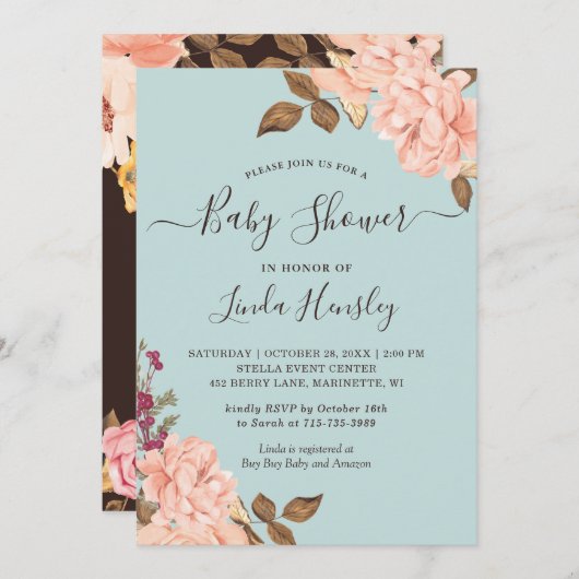 Babydusche Light Dusty Blue Blush Rose Blumenmuste Einladung (Vorne/Hinten)