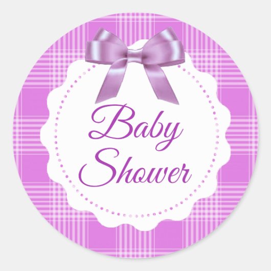 Babydusche Lila Kariert und Bow-Aufkleber Runder Aufkleber (Vorderseite)