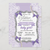 Babydusche Lila Lace Glitzer Bow Girl Einladung (Vorne/Hinten)