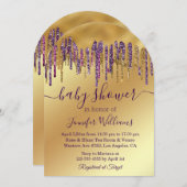 Babydusche lila vergoldete Glitzer Einladung (Vorne/Hinten)