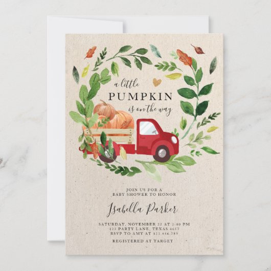 Babydusche Little Pumpkin Truck Fall Greenery Einladung (Vorderseite)