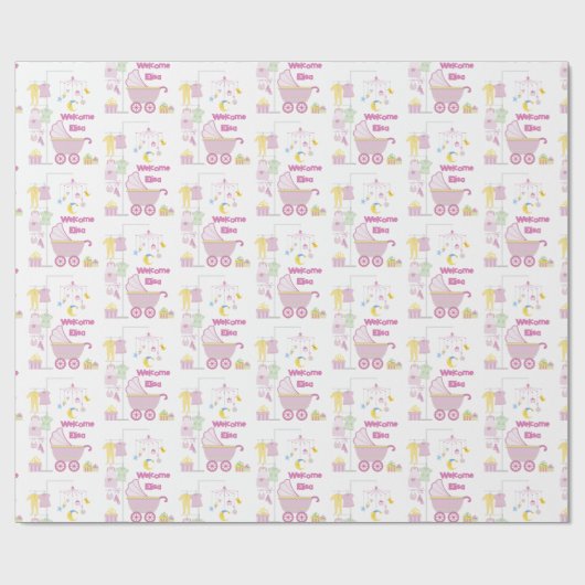 Babydusche Mädchen Pink Bassinet Name und Text hin Geschenkpapier (Flach)