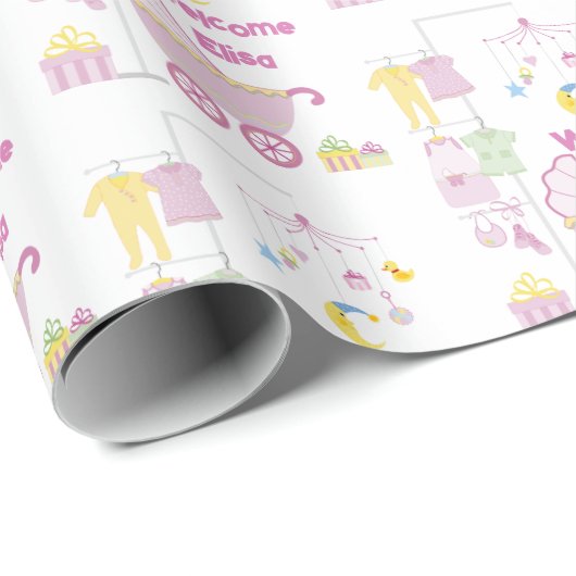 Babydusche Mädchen Pink Bassinet Name und Text hin Geschenkpapier (Rolleneckpunkt)