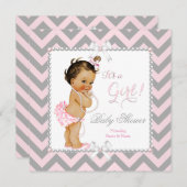 Babydusche Mädchen Pink Grau Streifen Brünett Einladung (Vorne/Hinten)